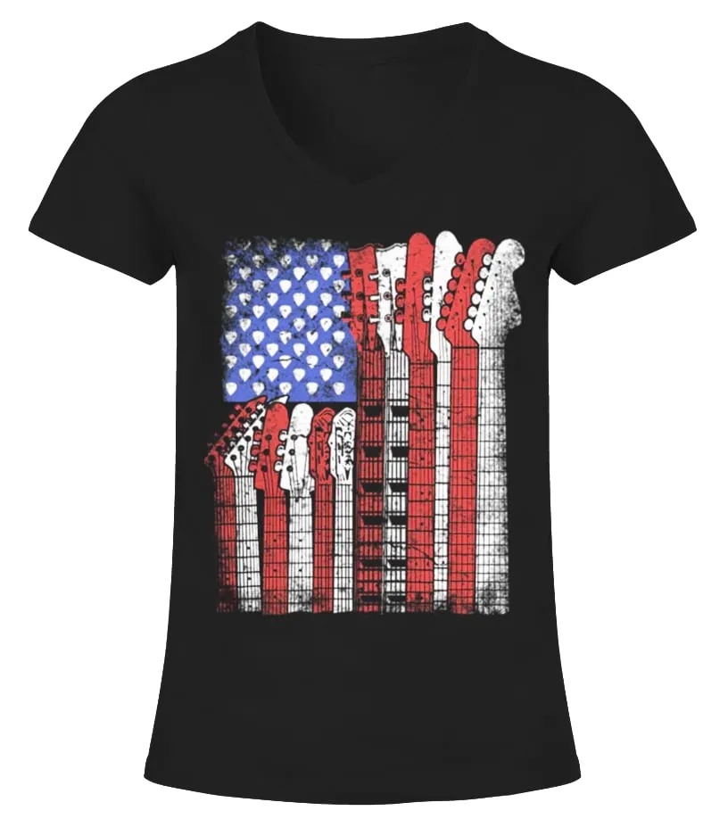 America Guitar Flag Camiseta cuello pico Mujer