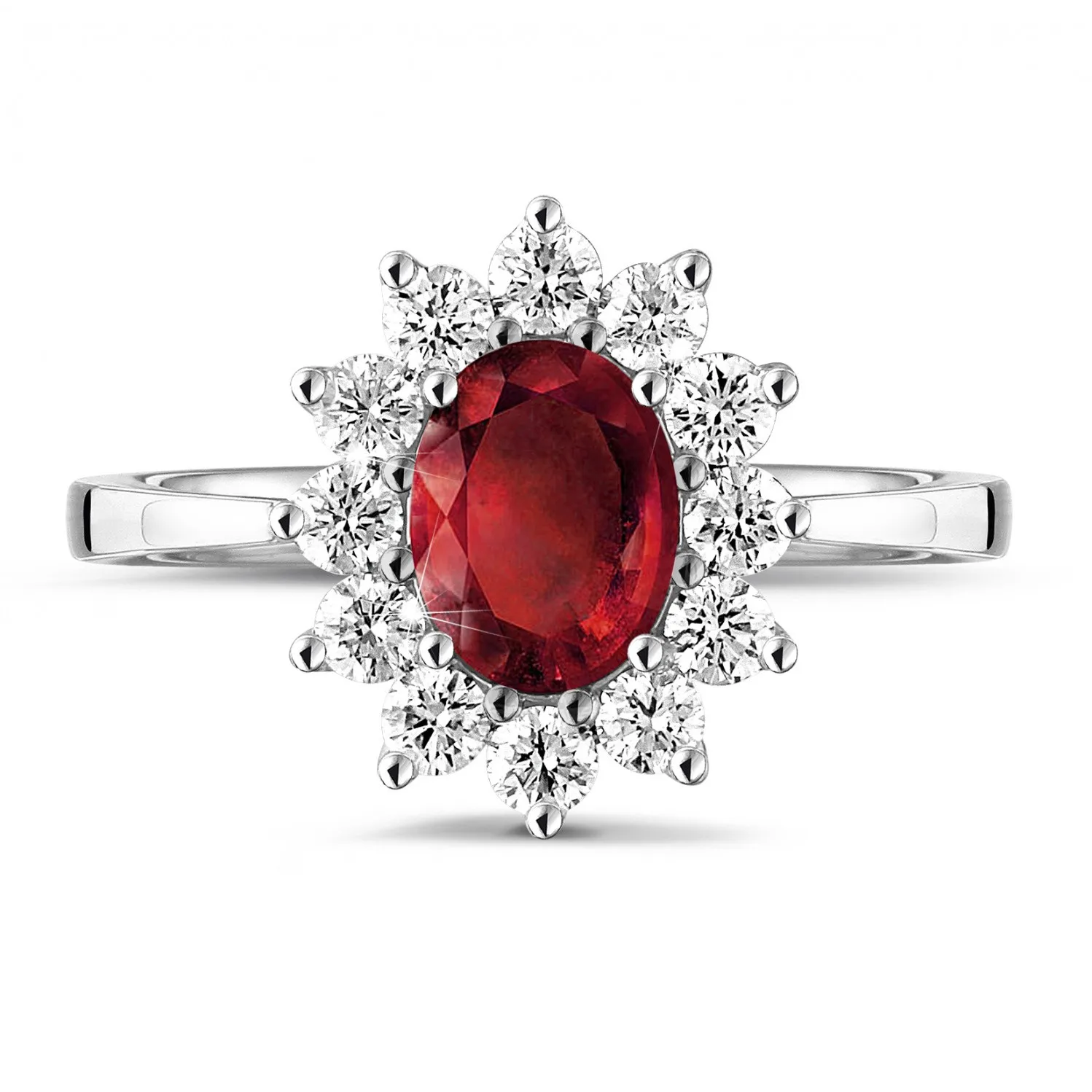Anillo « entourage » en oro blanco con rubí ovalado y diamantes redondos 