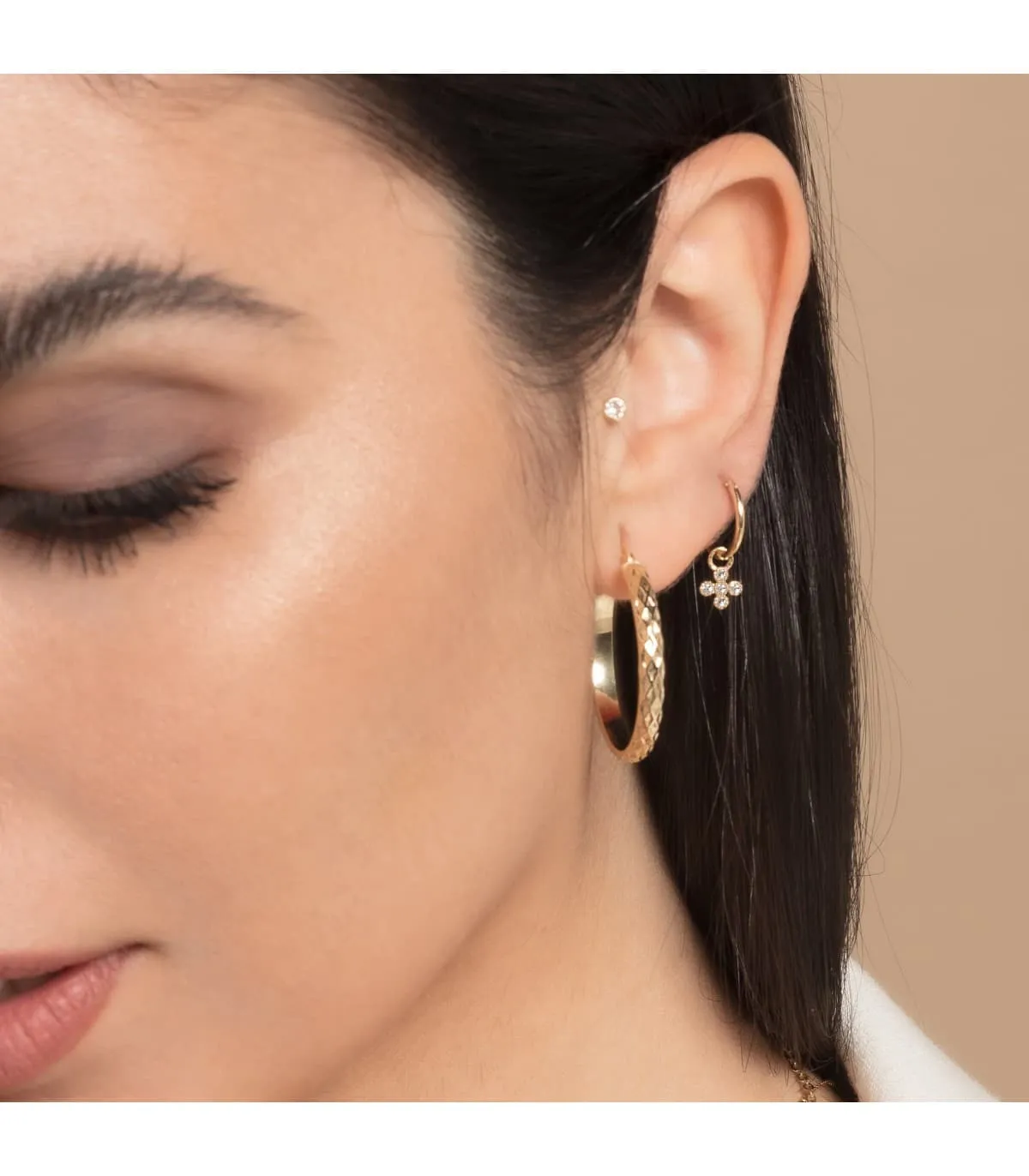 Boucles d'oreilles Créoles Croix Zircon Or Jaune 18k