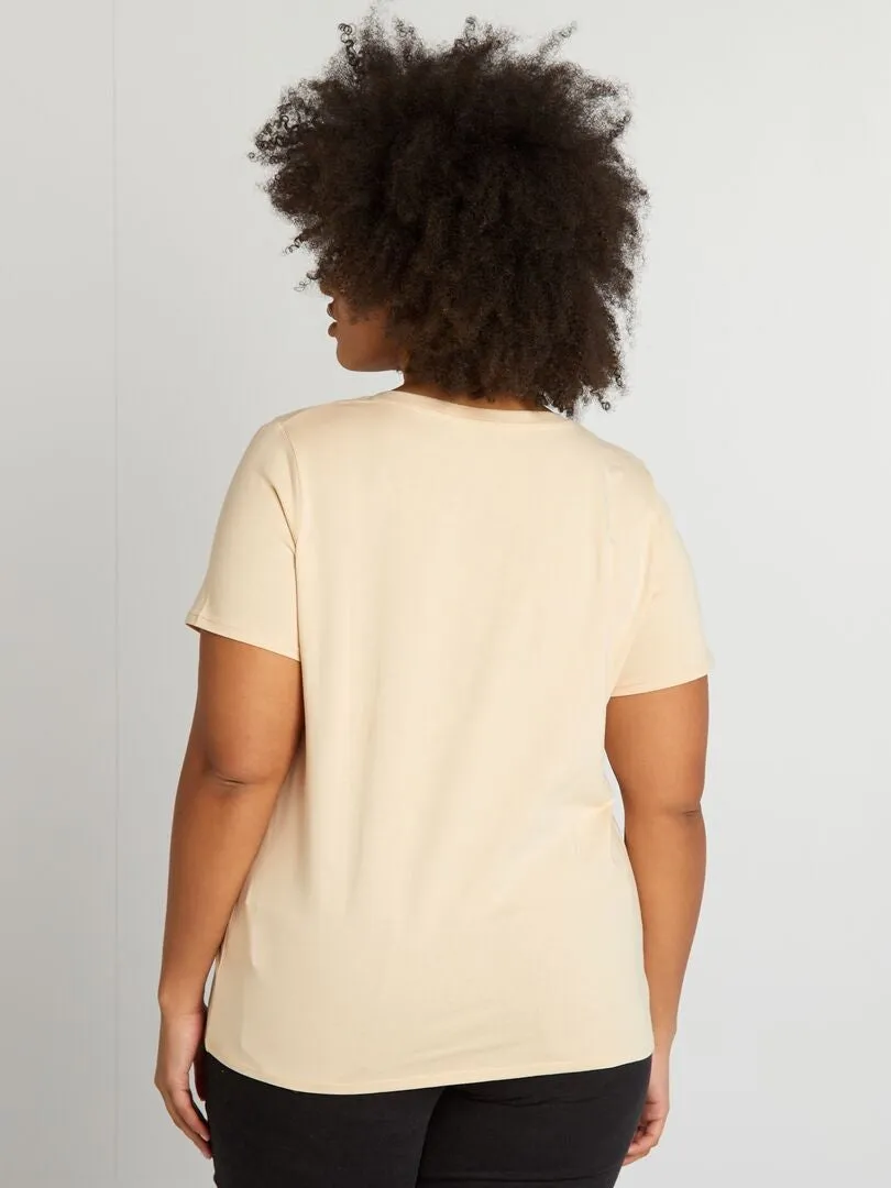 CAMISETA DE PUNTO CON CUELLO DE PICO  BEIGE