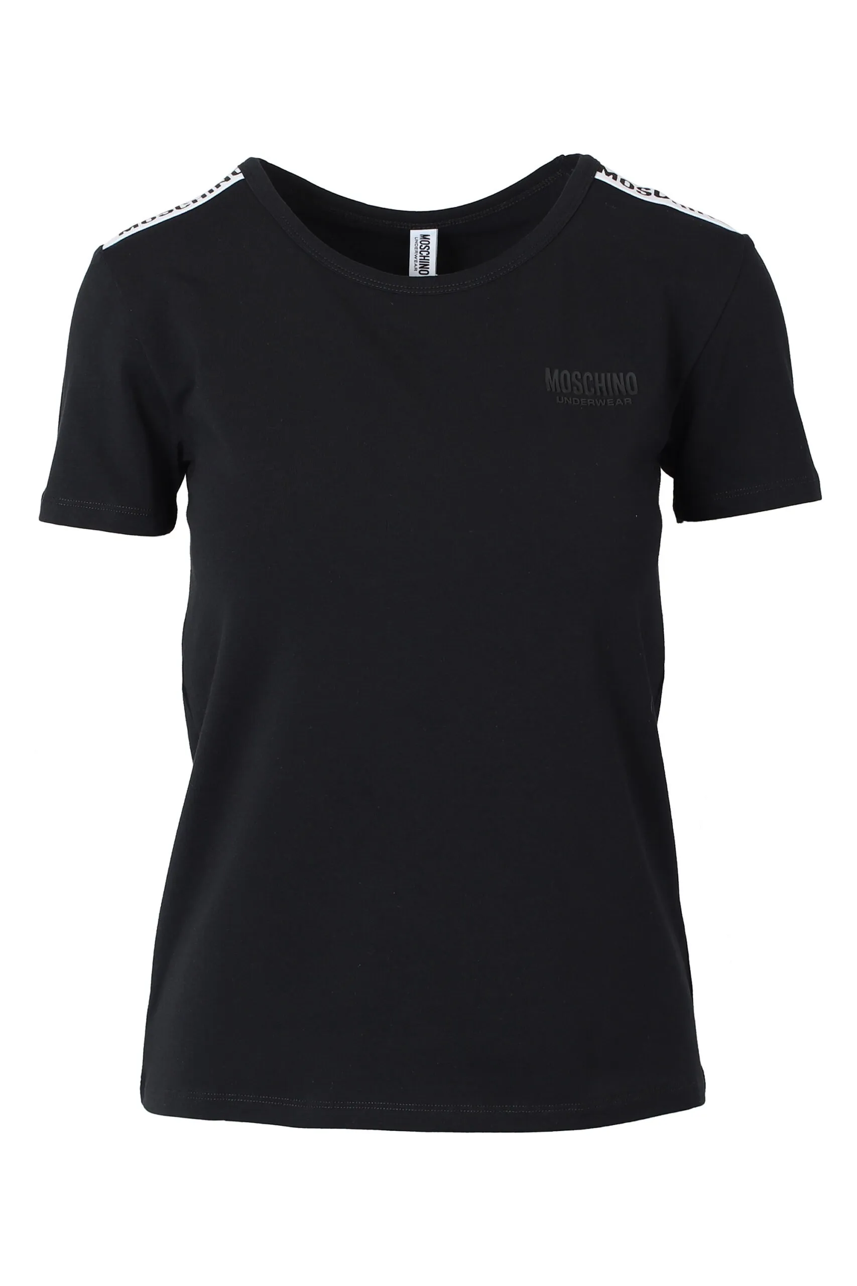 Camiseta negra slim fit con logo en cinta en hombros