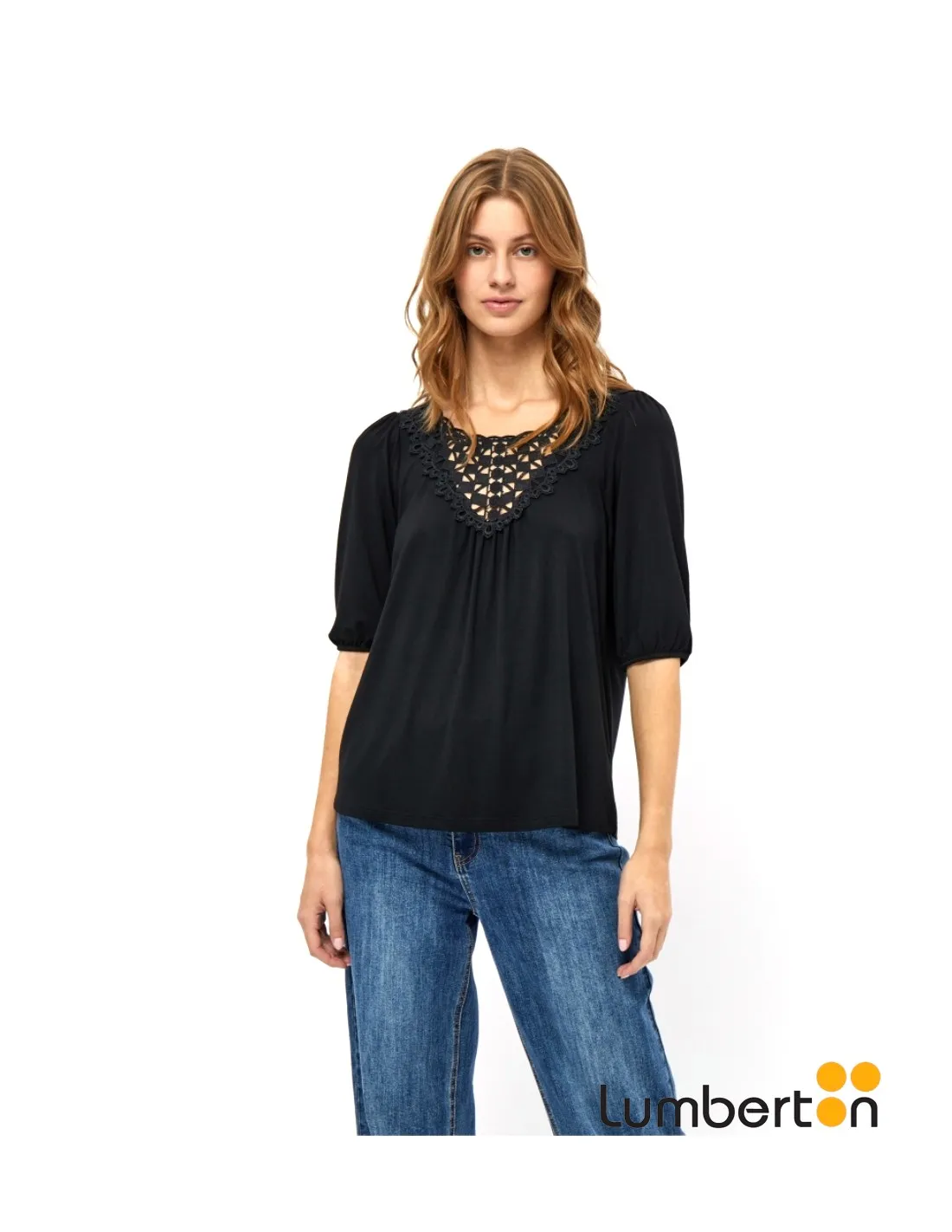 Camiseta Viscosa Negra Cuello Cenefa Hilo AUGUSTA
