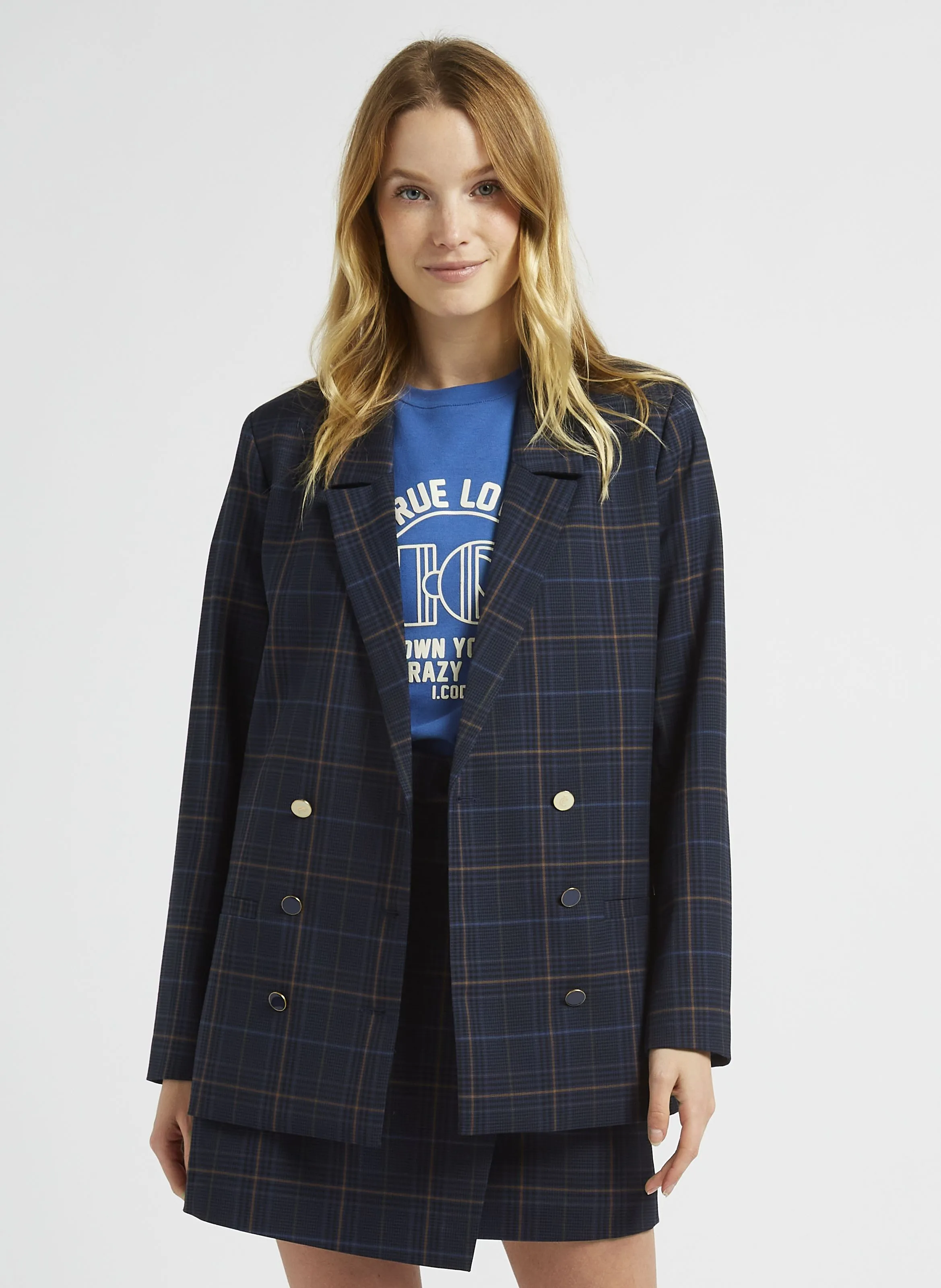 Chaqueta recta con cuello de solapa a cuadros en azul