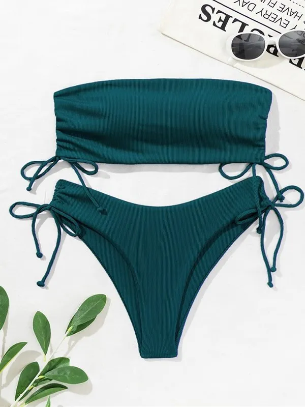 Conjunto de bikini acanalado con cordones