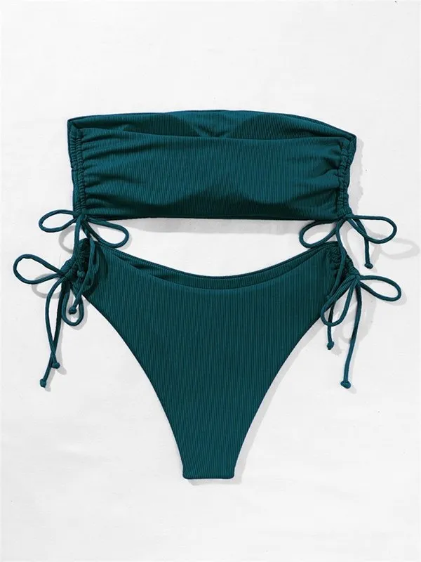Conjunto de bikini acanalado con cordones