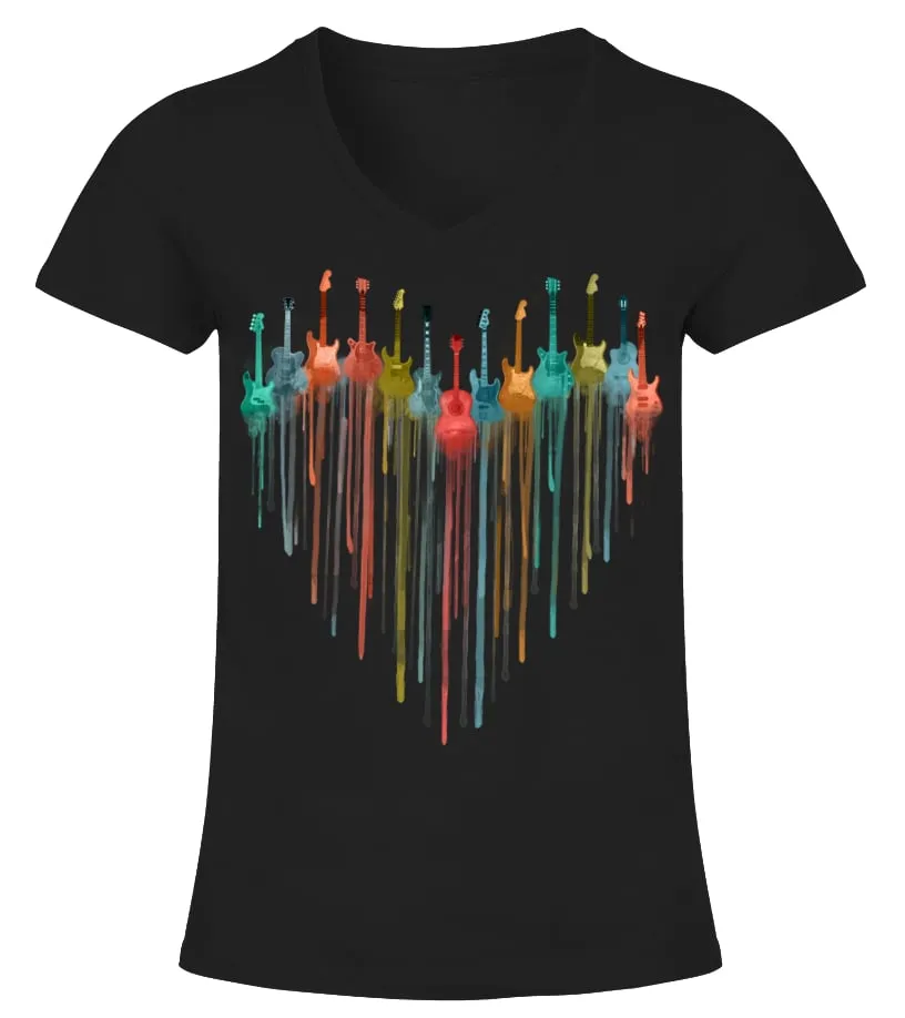 Guitar Watercolor Heart Camiseta cuello pico Mujer