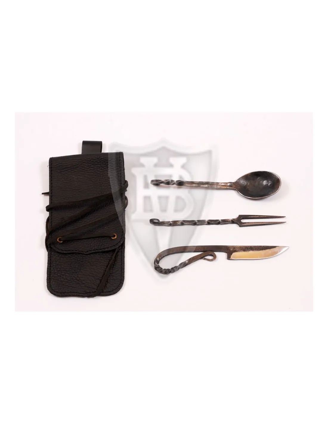 Juego cubiertos medievales cuchara, tenedor y cuchillo, con funda