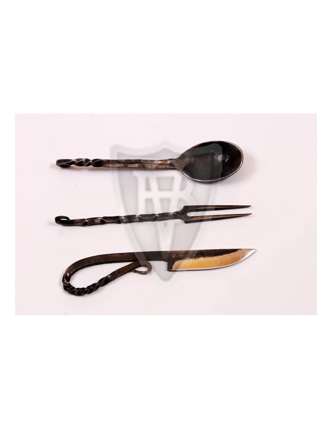 Juego cubiertos medievales cuchara, tenedor y cuchillo, con funda