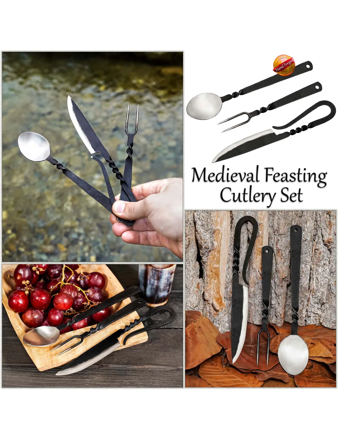 Juego cubiertos medievales: cuchara, tenedor y cuchillo