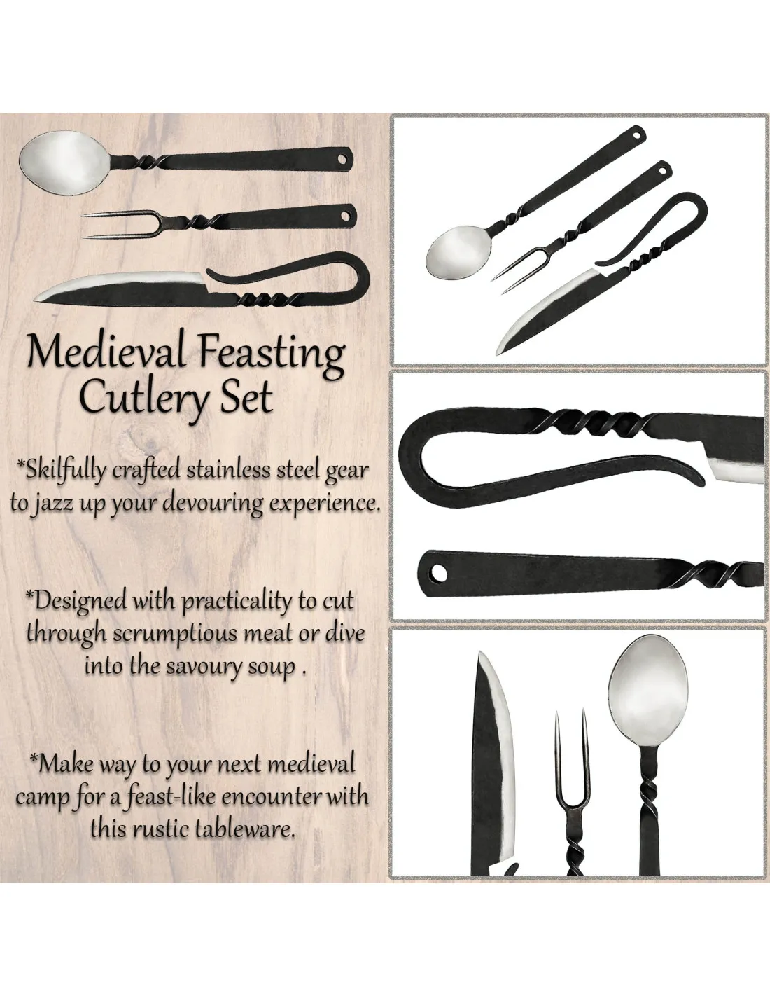 Juego cubiertos medievales: cuchara, tenedor y cuchillo