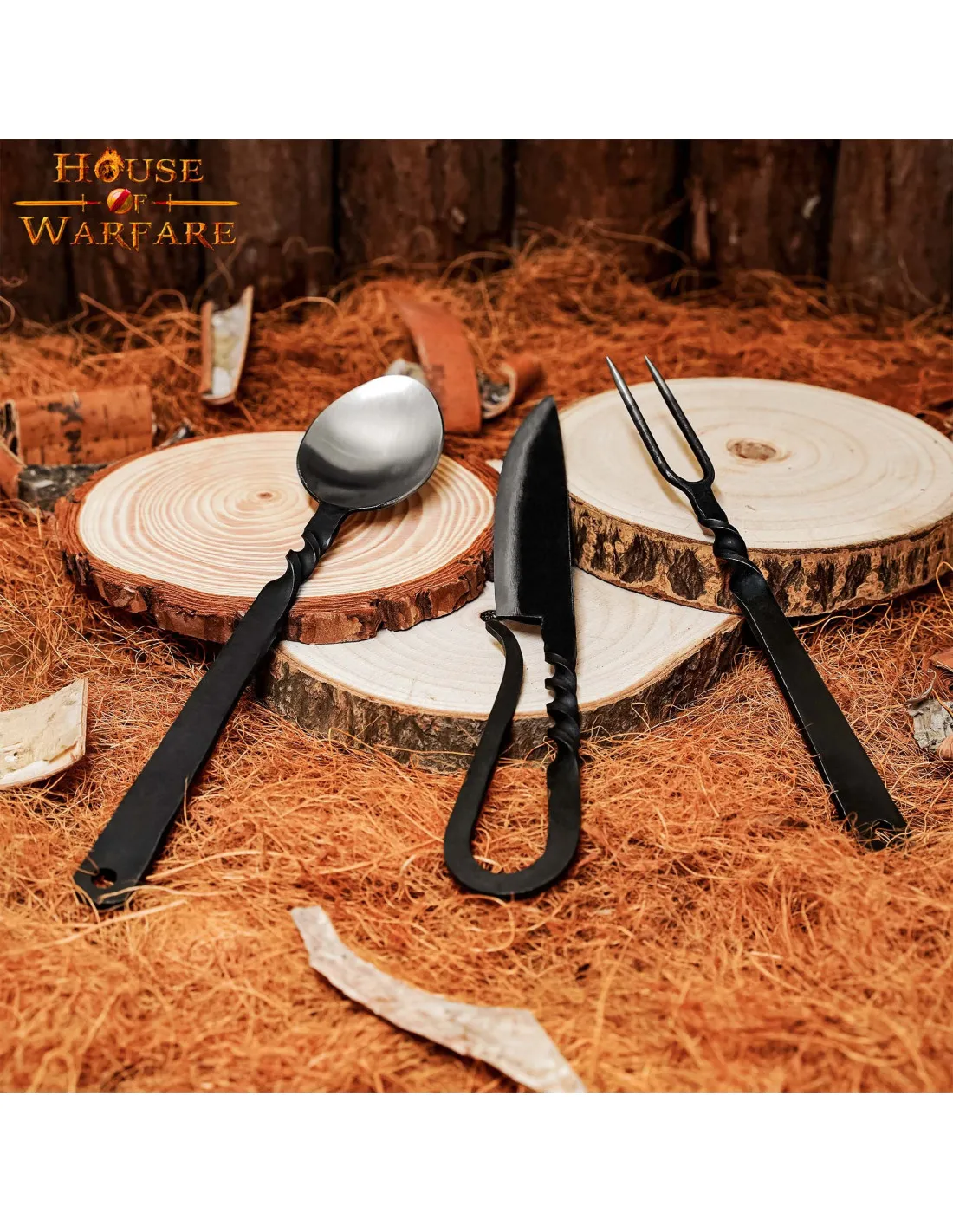 Juego cubiertos medievales: cuchara, tenedor y cuchillo