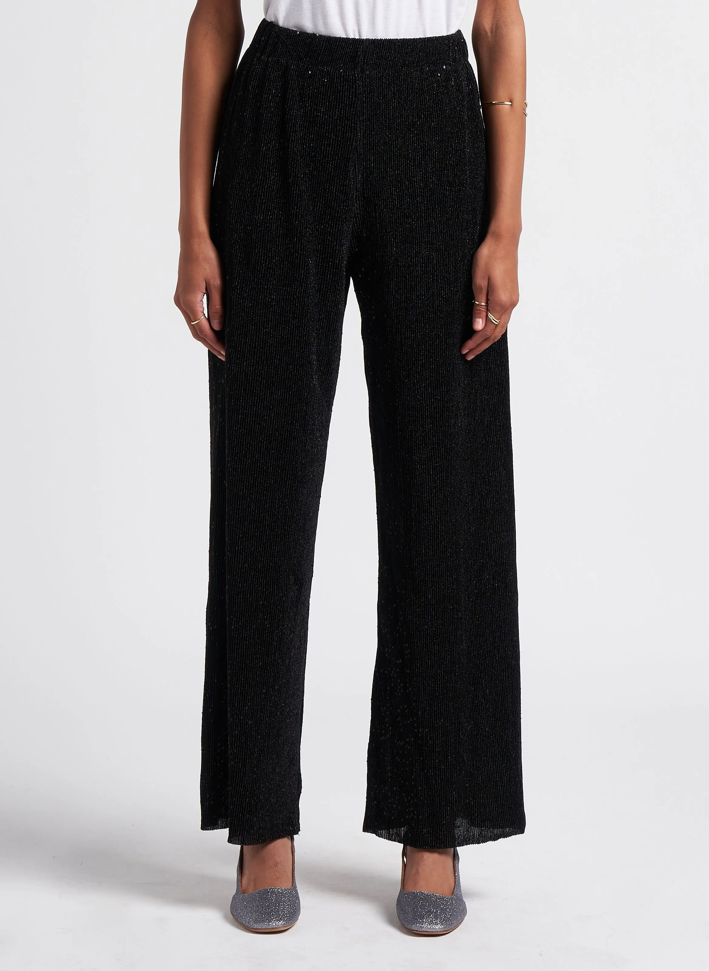 LOCA  PANTALóN ANCHO DE LENTEJUELAS EN NEGRO