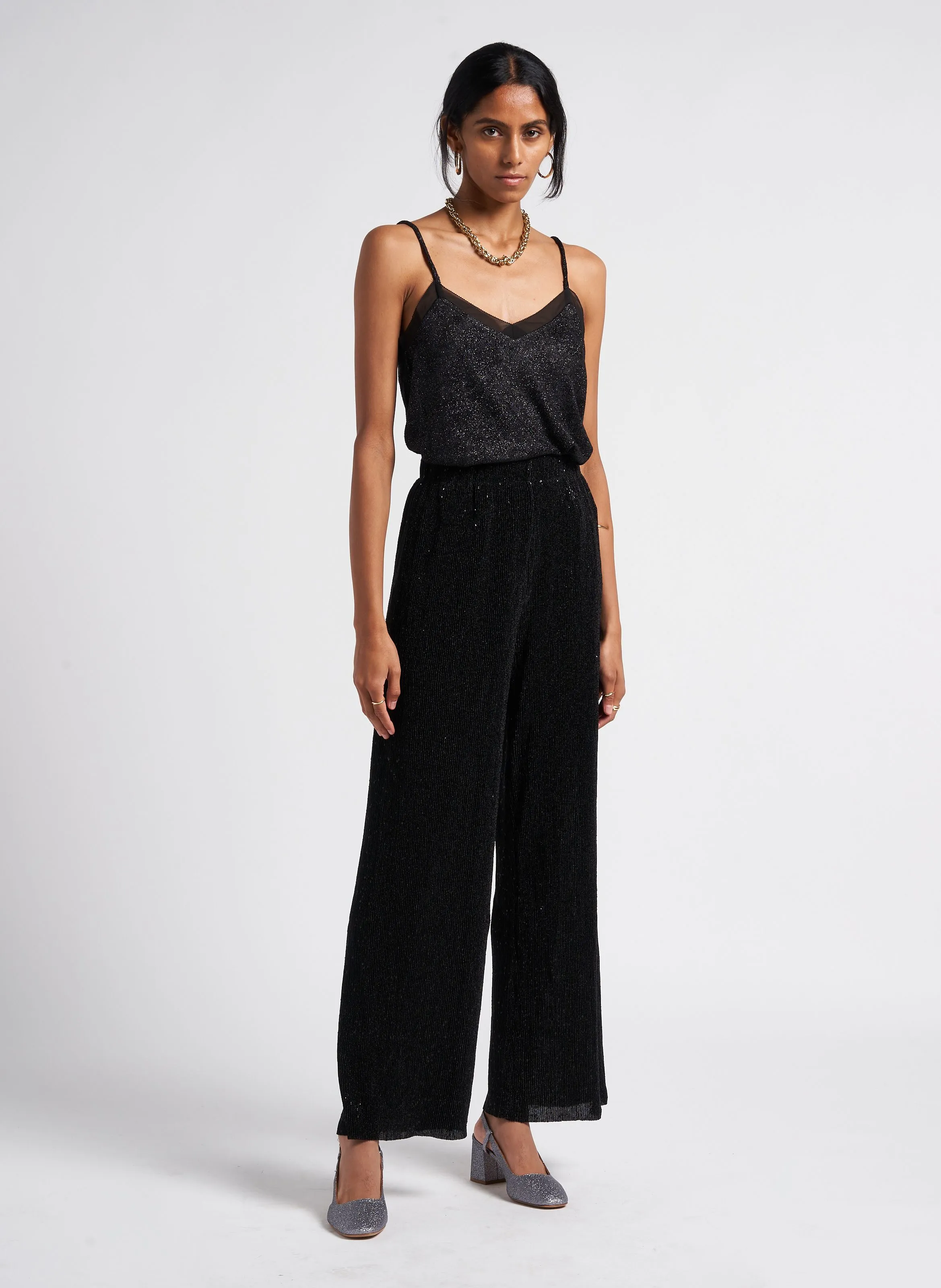 LOCA  PANTALóN ANCHO DE LENTEJUELAS EN NEGRO
