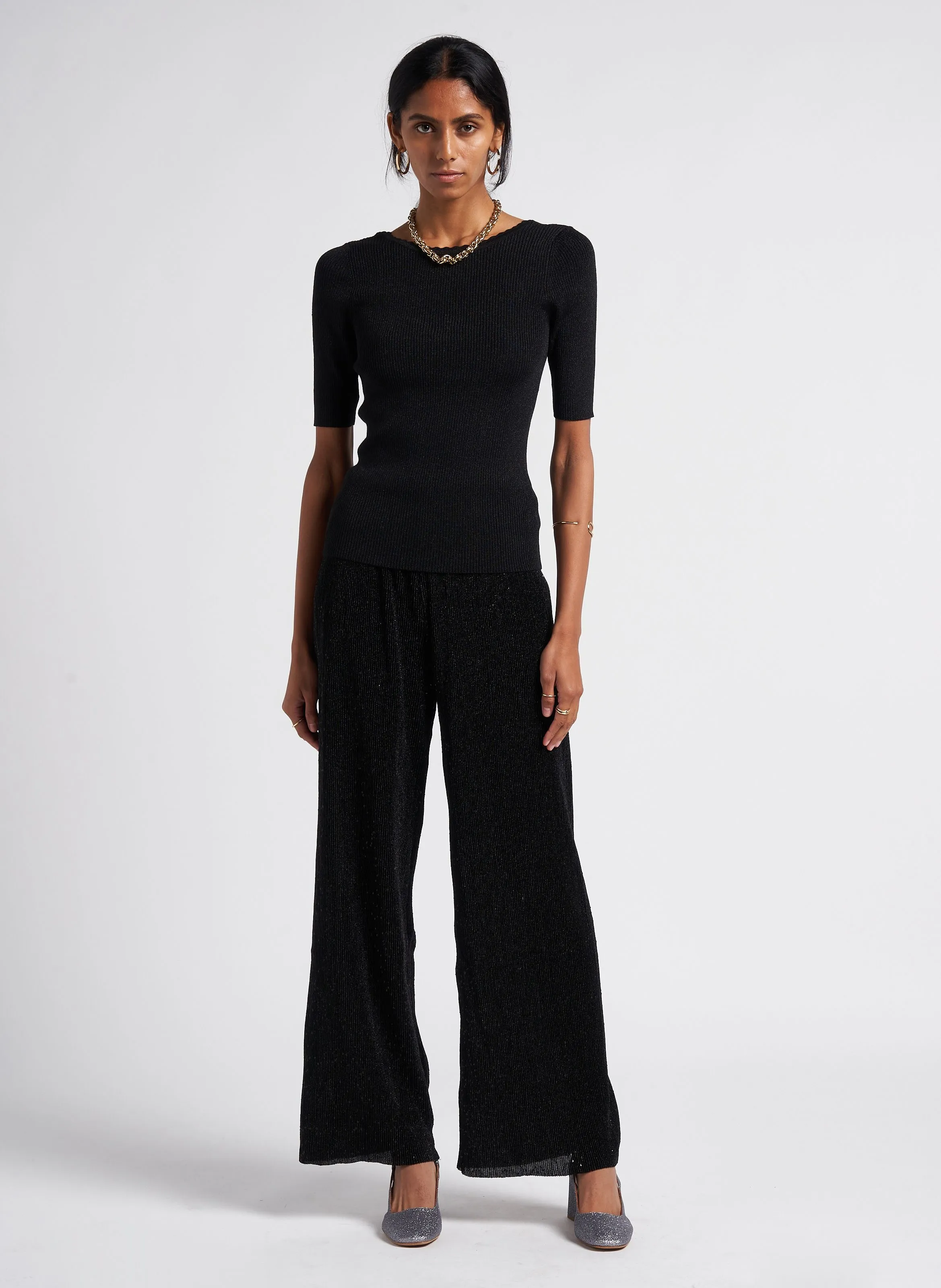 LOCA  PANTALóN ANCHO DE LENTEJUELAS EN NEGRO
