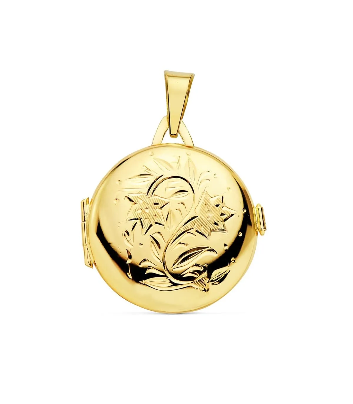 Pendentif Porte Photo Rond Fleuri Or 18 K 23 MM