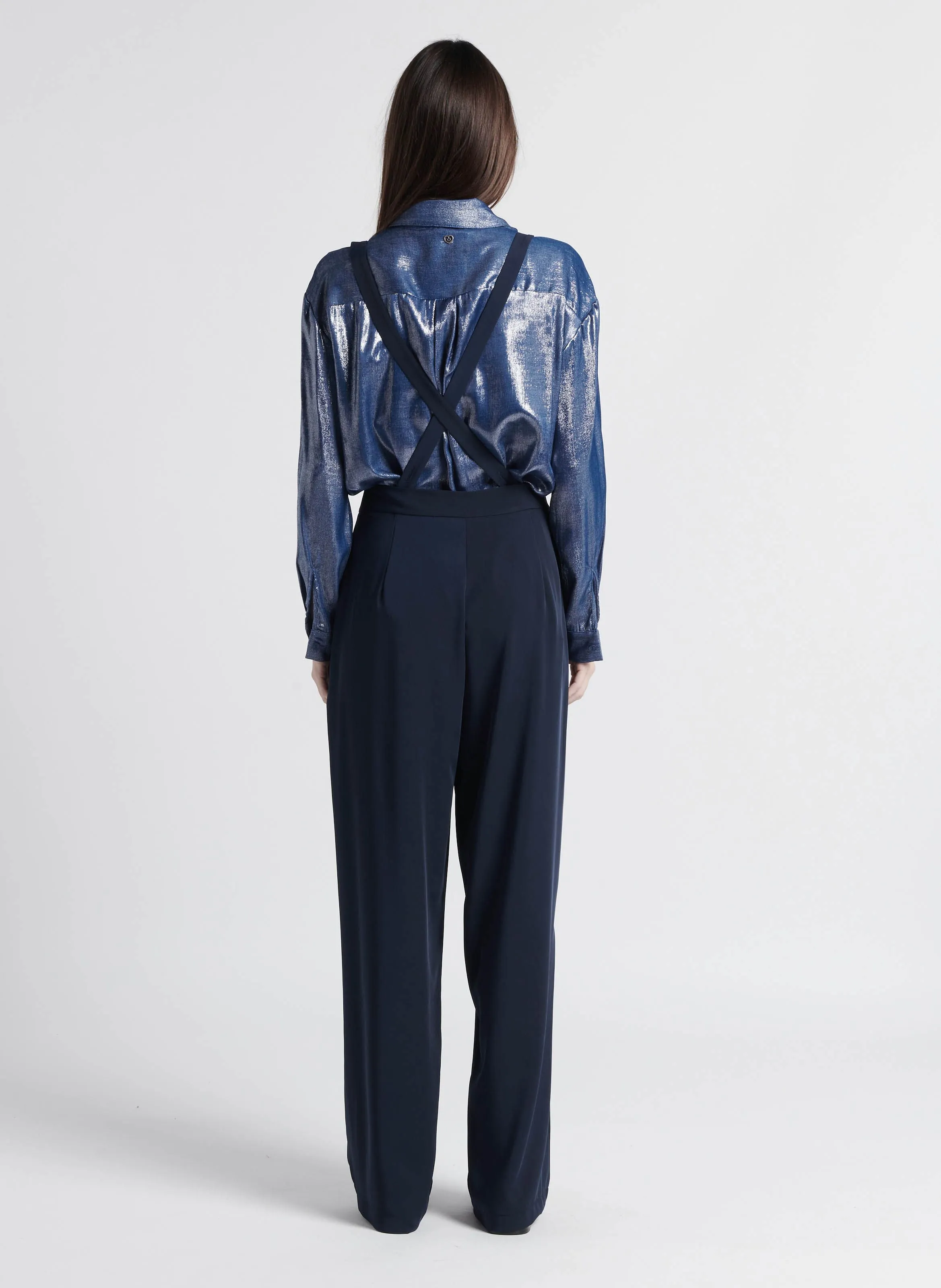 PLEASE Pantalón ancho con tirantes en azul