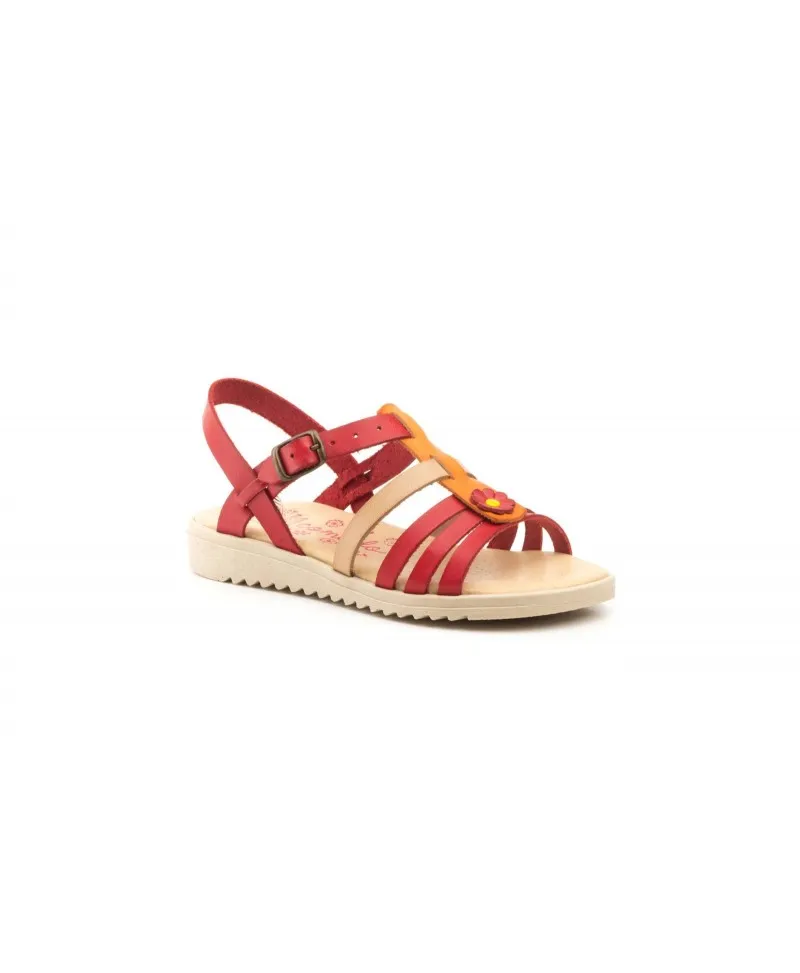 Sandalias Niña Piel Rojo Naranja Hebilla