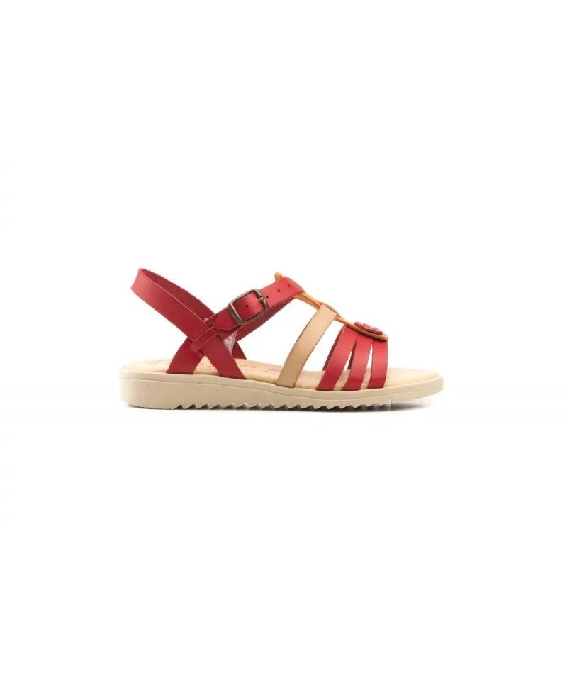Sandalias Niña Piel Rojo Naranja Hebilla