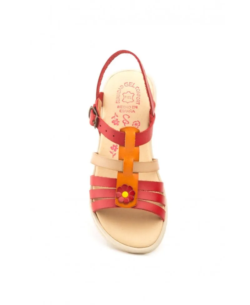 Sandalias Niña Piel Rojo Naranja Hebilla