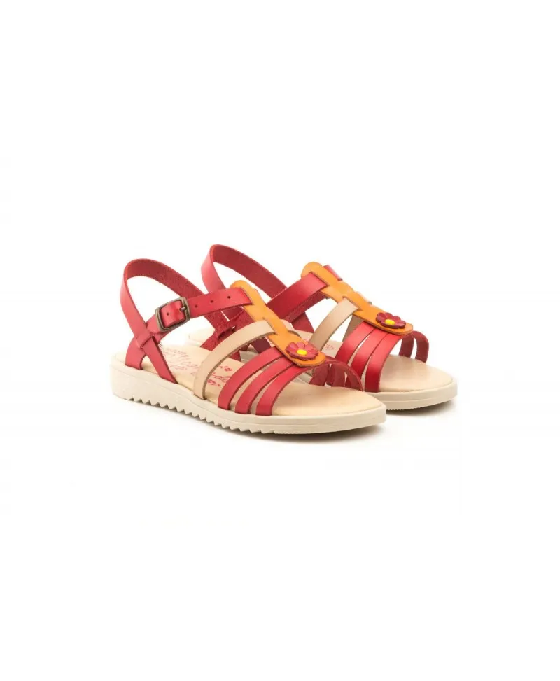 Sandalias Niña Piel Rojo Naranja Hebilla