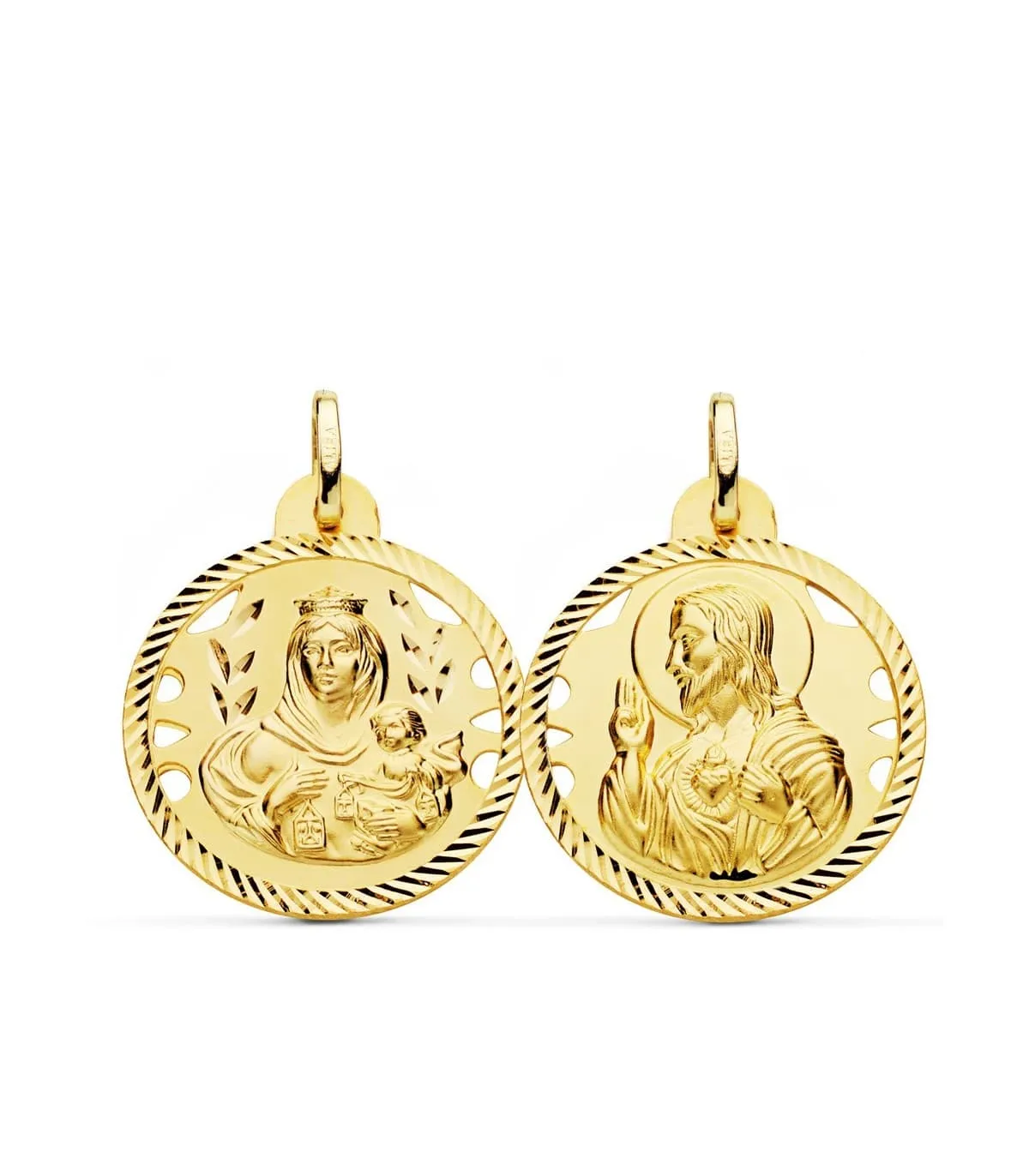 Scapulaire Vierge du Mont Carmel et Sacré Coeur Or 18 K 24mm Ajouré