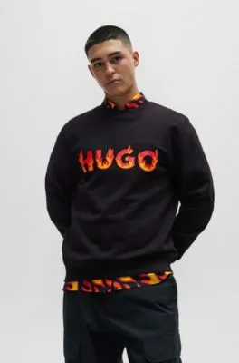Sudadera de felpa de algodón con logo con llamas en relieve