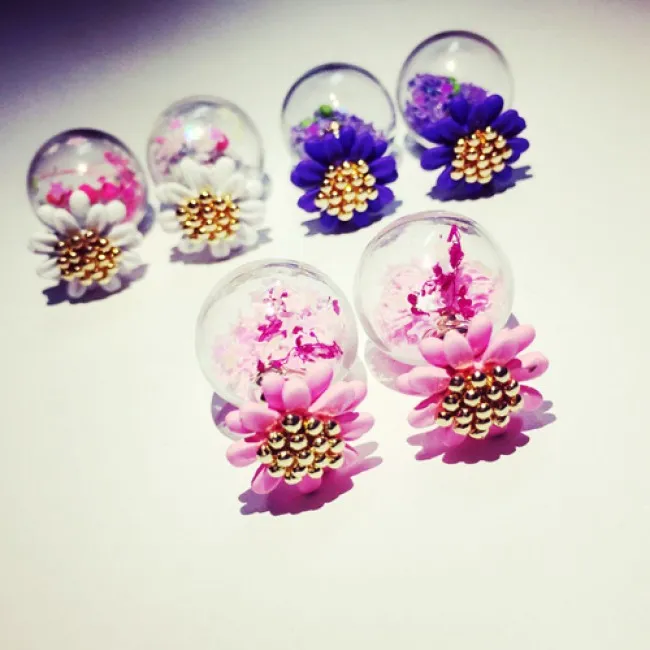 Sweet Small Daisy Flower Pentagram Glass Bubbles Dual Earrings