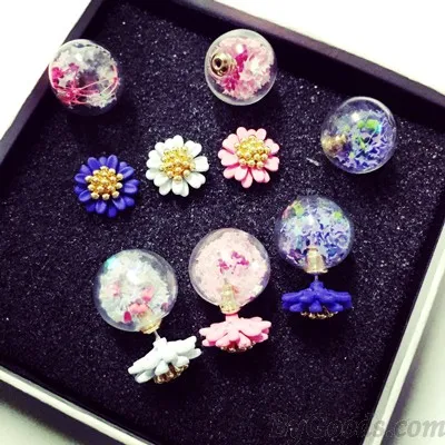 Sweet Small Daisy Flower Pentagram Glass Bubbles Dual Earrings