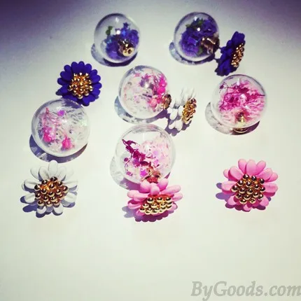 Sweet Small Daisy Flower Pentagram Glass Bubbles Dual Earrings