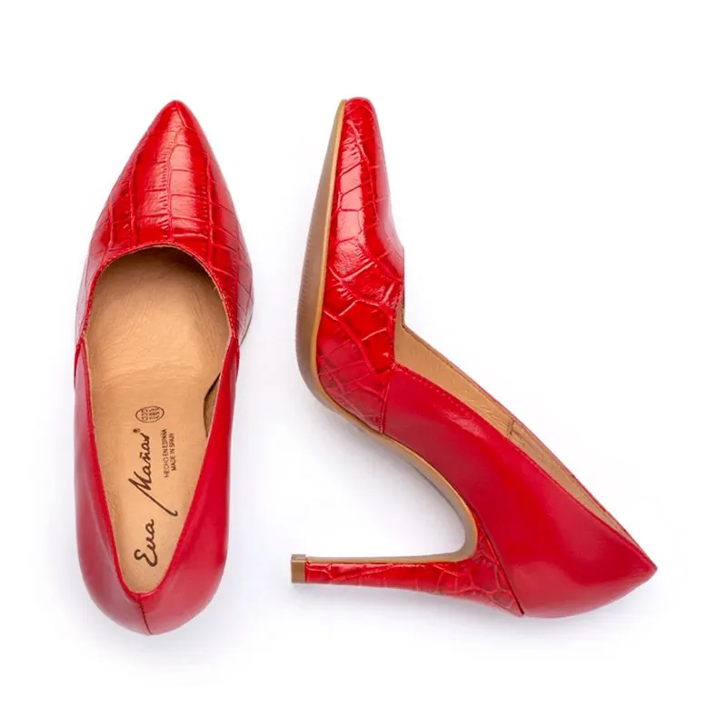 Zapatos De Salón Mujer Piel Coco Tacón Alto 1490 Rojo, de Eva Mañas